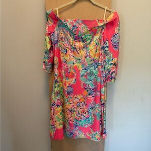 Lilly Pulitzer Pink and Green Floral Mini- Off The Shoulder Dress